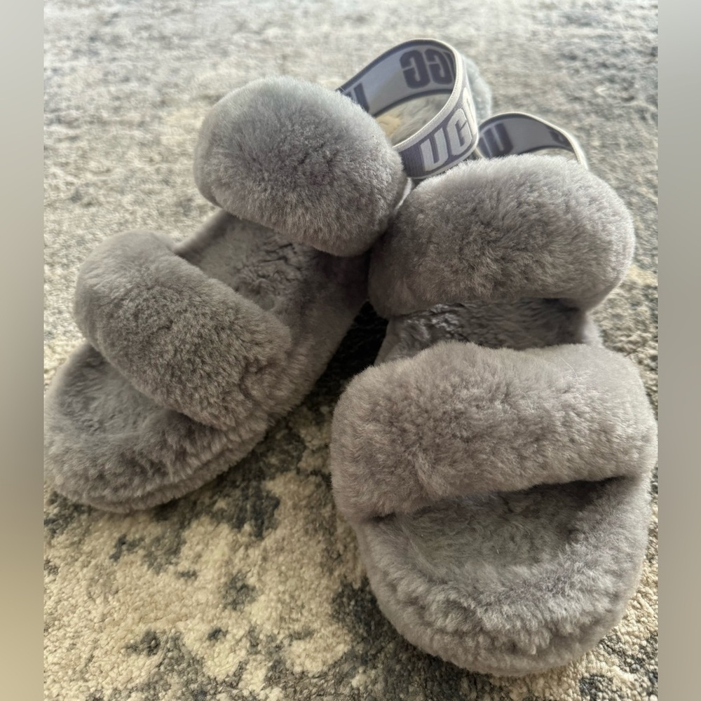 UGG Gray Plush Shearling Slide Slippers with Logo Heel Strap